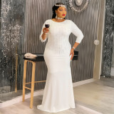 African Plus Size Women's Fashion Beaded Gown Solid Color Dress