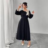 Plus-Size Women Fall/Winter Contrast Bow Black Maxi Dress