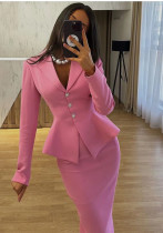 Autumn Women Turndown Collar Single-Breasted Slim Fit Coat + Mid-Length Skirt Set Autumn Women Turndown Collar Single-Breasted Slim Fit Coat + Mid-Length Skirt Set