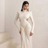 Autumn Women's Solid Color Long Sleeve High Neck Chic Slim Fit Pleated Low Back Long Dress