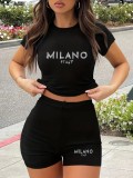 Women Short-Sleeved Letter Print Sexy Tank Shorts Two-Piece Set