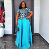 Plus Size Skirt + T-Shirt African Women's Satin Print Two-Piece Set