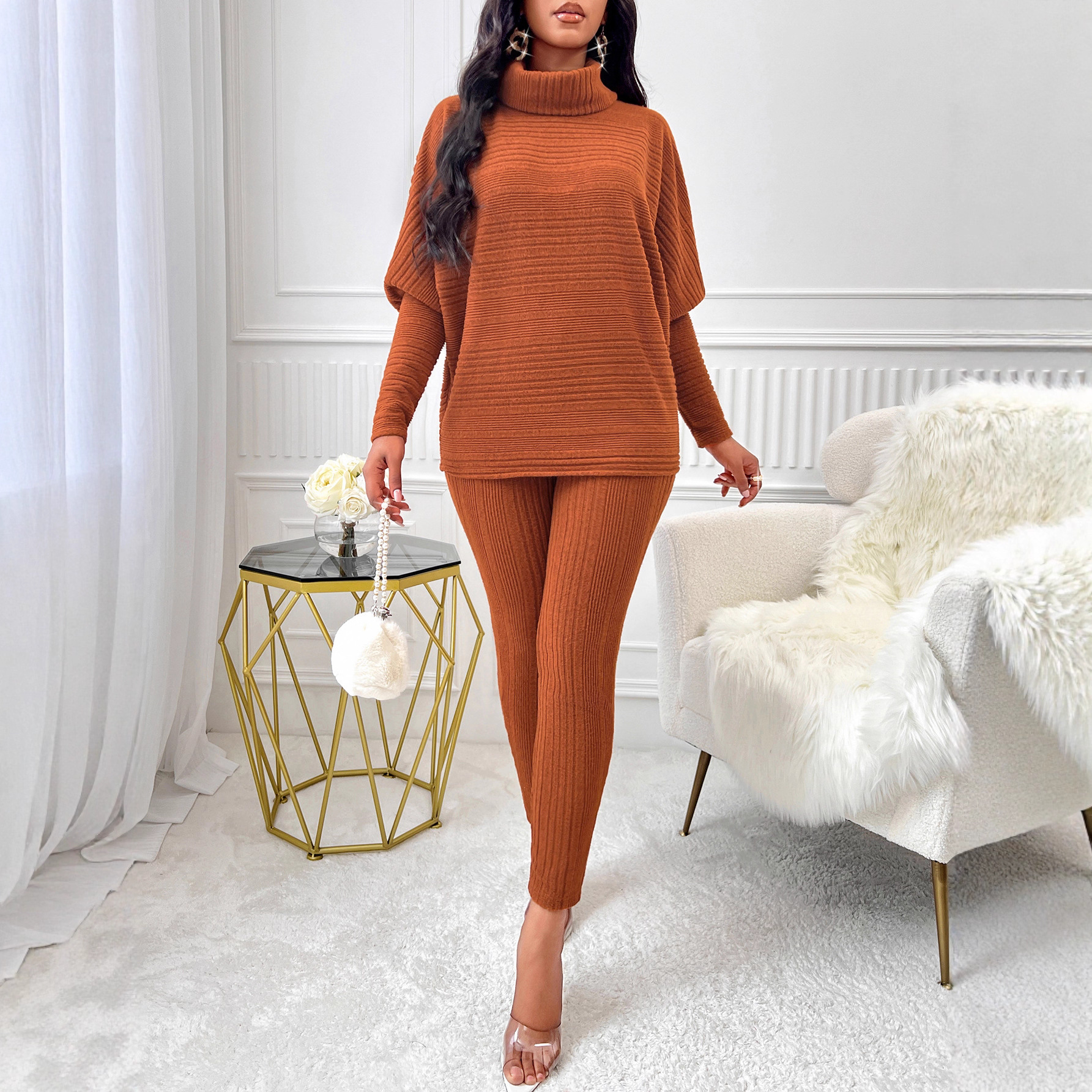 Winter Fashion Sexy Knitting Women's Solid Color High Neck Casual Loose Long Sleeve Women's Two Piece Pants Set