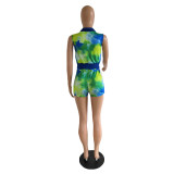 Women's Beaded Sleeveless Sexy Tie-Dye Two-Piece Shorts Set