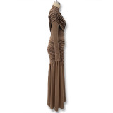 Women's Autumn Fashion Slim Fit Round Neck Long Sleeve Shirred Bodycon Irregular Ribbon Dress