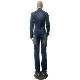 Women's Washed Western Stretch Casual Denim Two Piece Pants Set