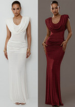 Autumn Women's Solid Color Chic Elegant Slim Waist Pleated Cowl Neck Slim Fit Long Dress Autumn Women's Solid Color Chic Elegant Slim Waist Pleated Cowl Neck Slim Fit Long Dress