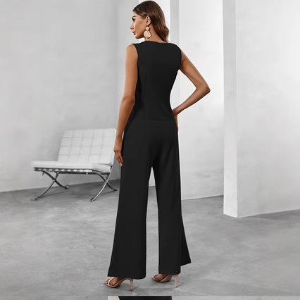 Solid Color V-Neck Sleeveless Button-Up Vest High Waist Career Women's Pants Suit