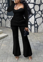 Women Summer Solid Strapless Backless Top and Pants Two-Piece Set