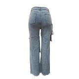 Women's Fashion Street Trend Patchwork Washed Distressed Straight Leg Loose Denim Pants