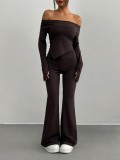Women Solid Knitting Casual Long-Sleeved Top and Pant Two-Piece Set