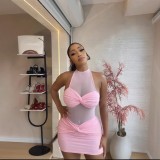 Women Fall Solid Sleeveless Halter Neck Sexy See-Through Mesh Patchwork Bodycon Dress