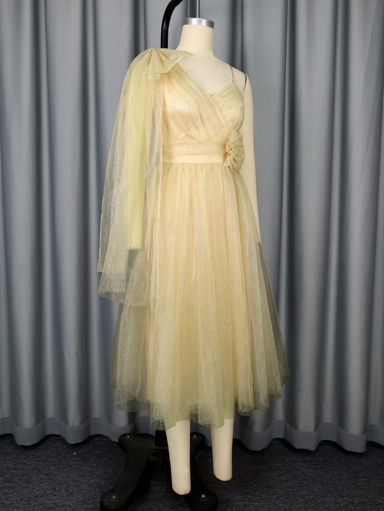 Women One-Shoulder Mesh V-Neck Floral Halter Party Dinner Dress