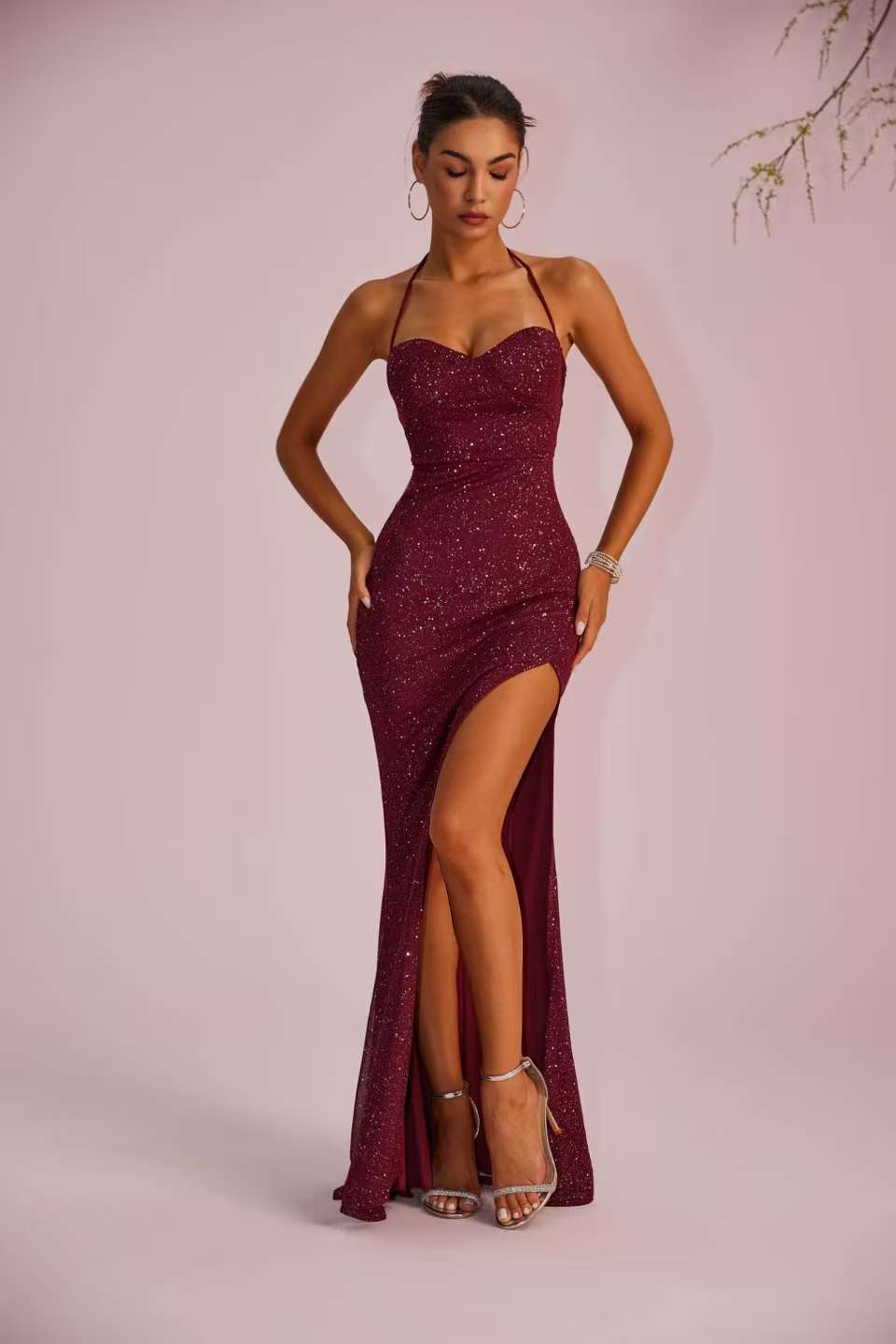Women elegant solid backless slit maxi dress