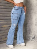 Distressed Hem Women Slim Fit Fashion Bell Bottom Denim Long Pants