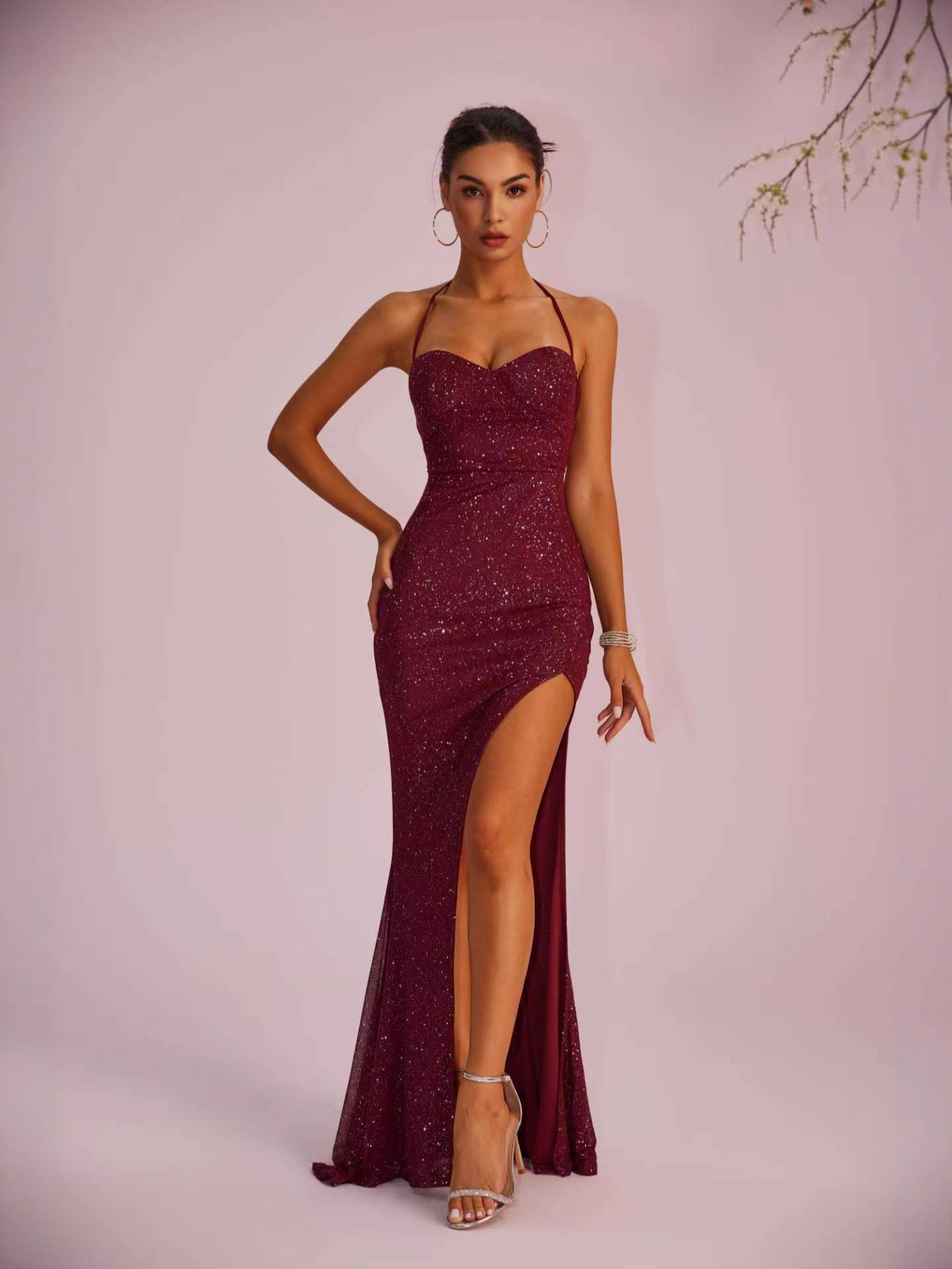 Women elegant solid backless slit maxi dress