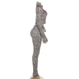Women Fall/Winter Stand Collar Zippered Patchwork Leopard Print Top and Pants