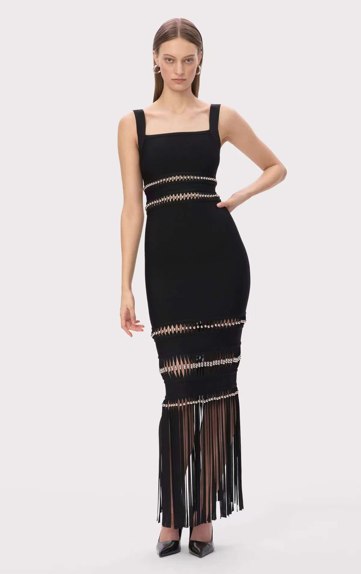 Women Bandage Sequined Tassel Evening Maxi Dress