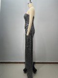 Women Black Bandage Strapless Sequined Fishtail Evening Dress with Rhinestones