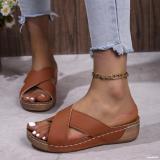 Thick Sole Women Plus Size Casual Slip-On Solid Color Cross Strap Wedge Sandals