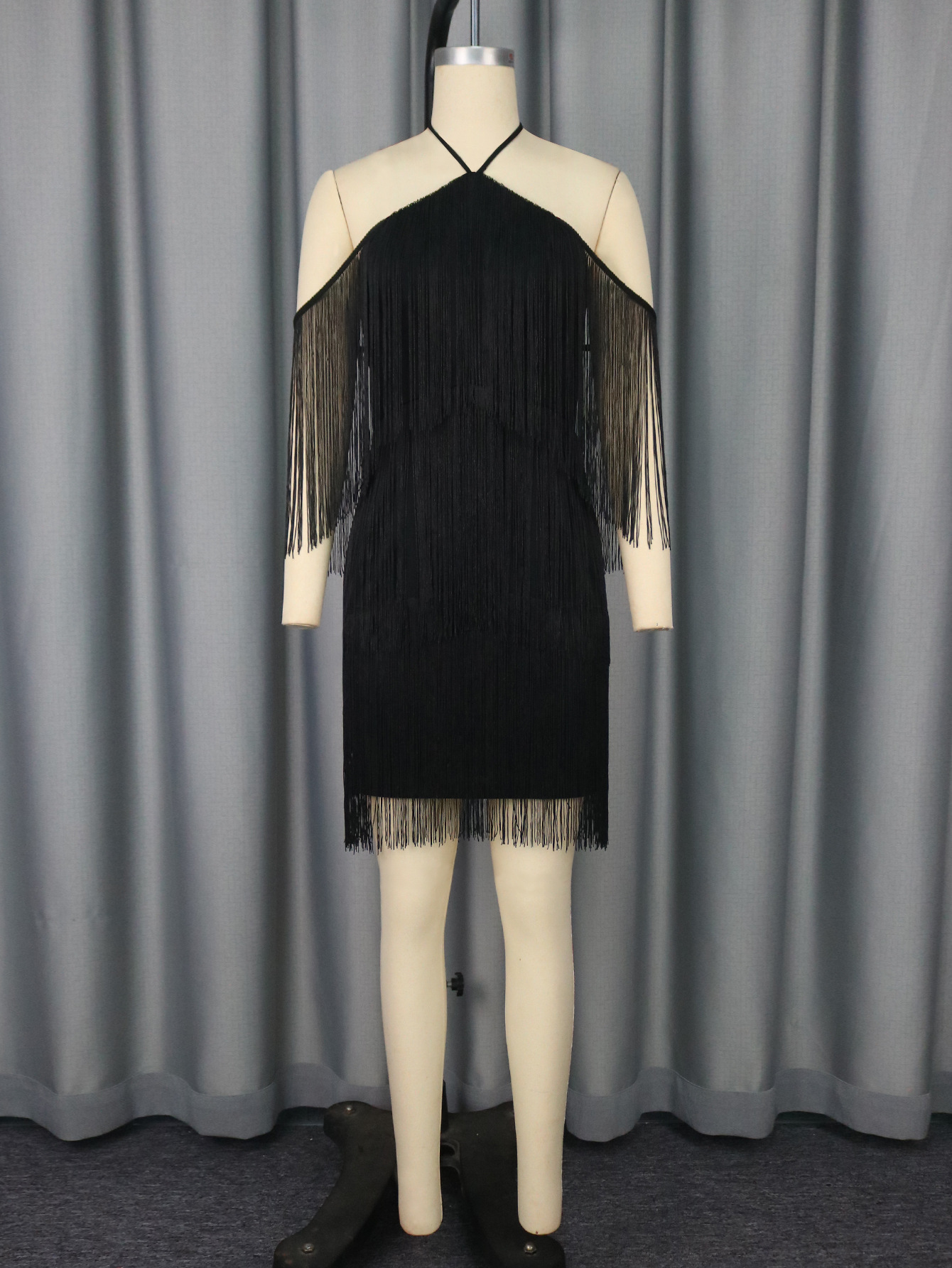 Women Sexy Black Bodycon Dress with Off-Shoulder Tassels