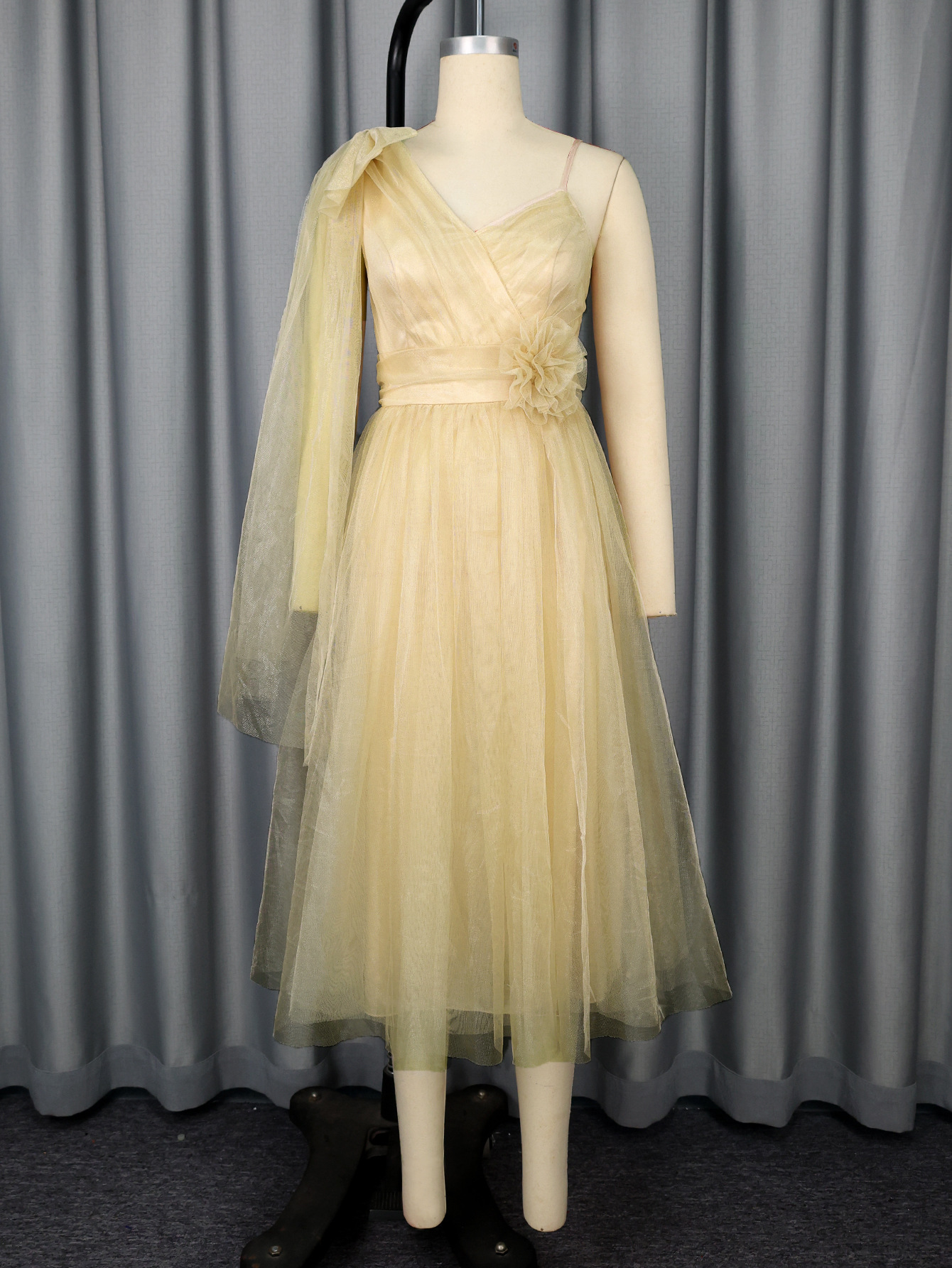 Women One-Shoulder Mesh V-Neck Floral Halter Party Dinner Dress