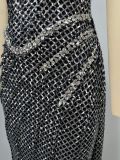 Women Black Bandage Strapless Sequined Fishtail Evening Dress with Rhinestones