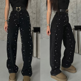 Women beaded black washed stretchy denim pant