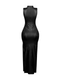 Women's Sleevelesss Slim Slit Pu Leather Long Dress