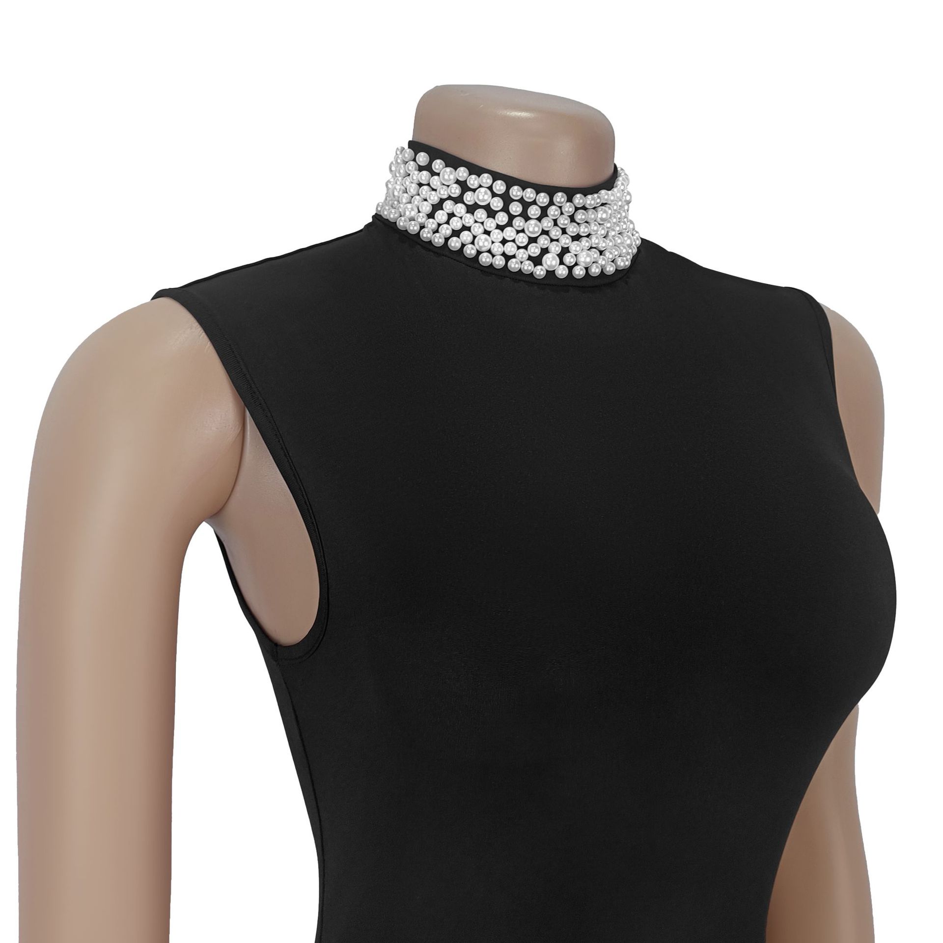 Fashion Women's Chic Pearl Patchwork Sleeveless Pleated Long Dress