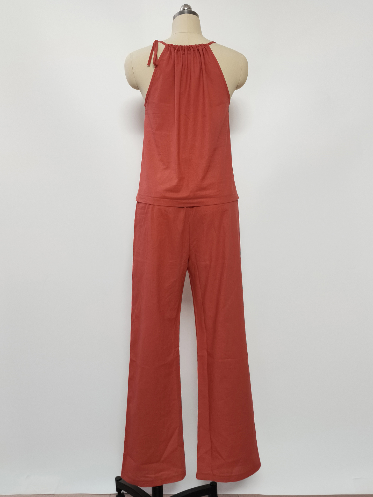 Summer Women's Openwork Halter Neck Top Wide Leg Pants Fashion Casual Linen Set