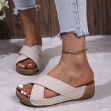 Thick Sole Women Plus Size Casual Slip-On Solid Color Cross Strap Wedge Sandals