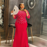 African Plus Size Women's Fashion Beaded Gown Solid Color Dress