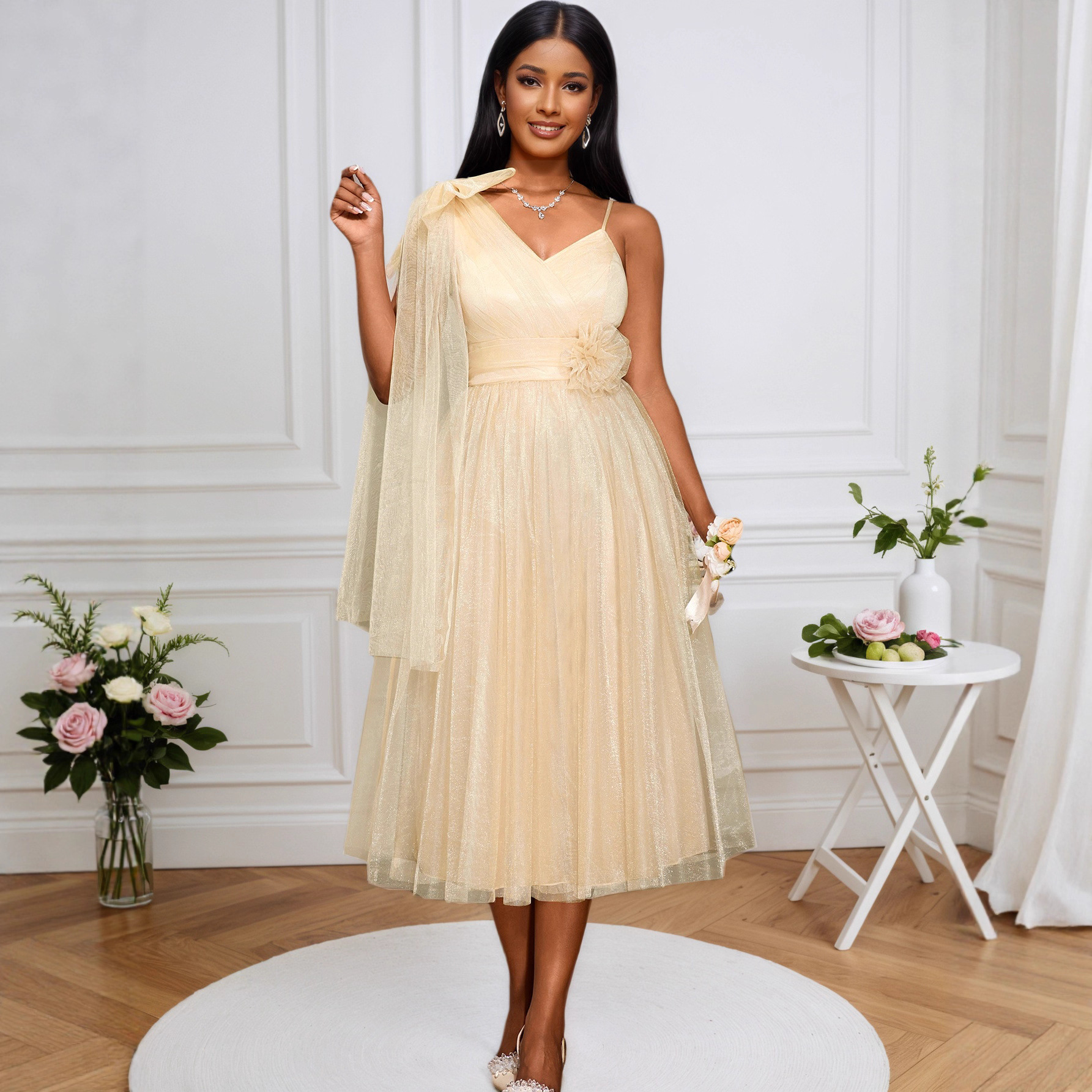 Women One-Shoulder Mesh V-Neck Floral Halter Party Dinner Dress