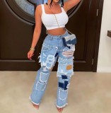 Women's Fashion Street Trend Patchwork Washed Distressed Straight Leg Loose Denim Pants