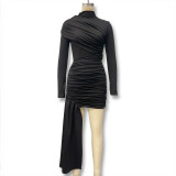 Women's Autumn Fashion Slim Fit Round Neck Long Sleeve Shirred Bodycon Irregular Ribbon Dress