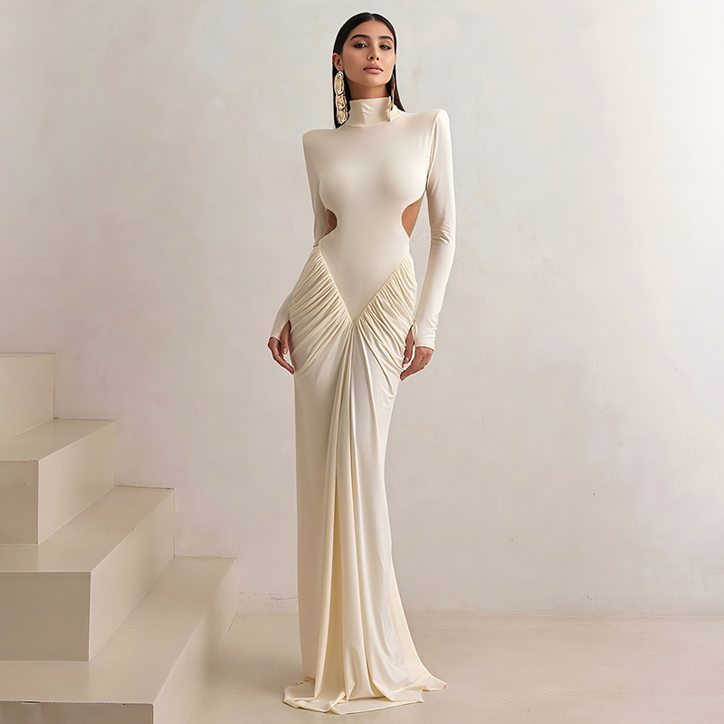 Autumn Women's Solid Color Long Sleeve High Neck Chic Slim Fit Pleated Low Back Long Dress