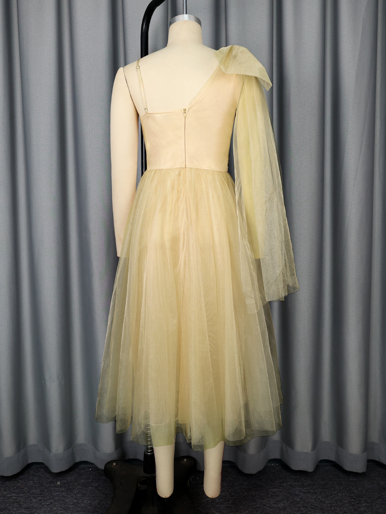 Women One-Shoulder Mesh V-Neck Floral Halter Party Dinner Dress