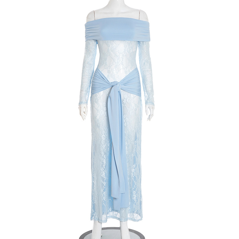 Women Sexy See-Through Lace Patchwork Off-Shoulder Long-Sleeve Dress