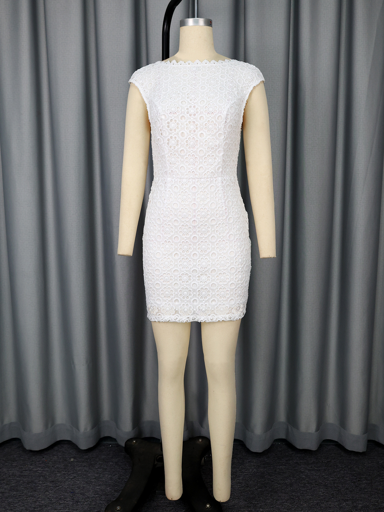 Women White Lacemesh Lace-Up Sleeveless Sexy Backless Party Dress