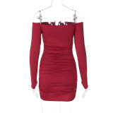 Women sexy strapless off-shoulder pleated bodycon dress