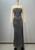 Women Black Bandage Strapless Sequined Fishtail Evening Dress with Rhinestones