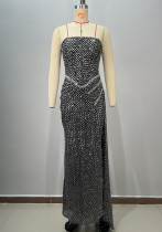 Women Black Bandage Strapless Sequined Fishtail Evening Dress with Rhinestones