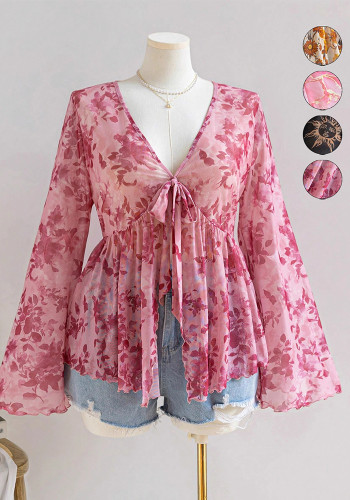 Women V-Neck Mesh Print Holiday Bell Bottom Sleeve Top