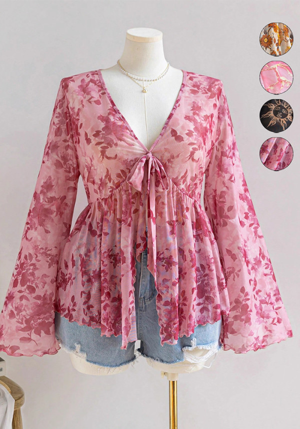 Women V-Neck Mesh Print Holiday Bell Bottom Sleeve Top
