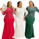 African Plus Size Women's Fashion Beaded Gown Solid Color Dress