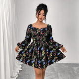 Women Printed Cascading Ruffles Square Neck Backless Sexy Puff Sleeve Dress