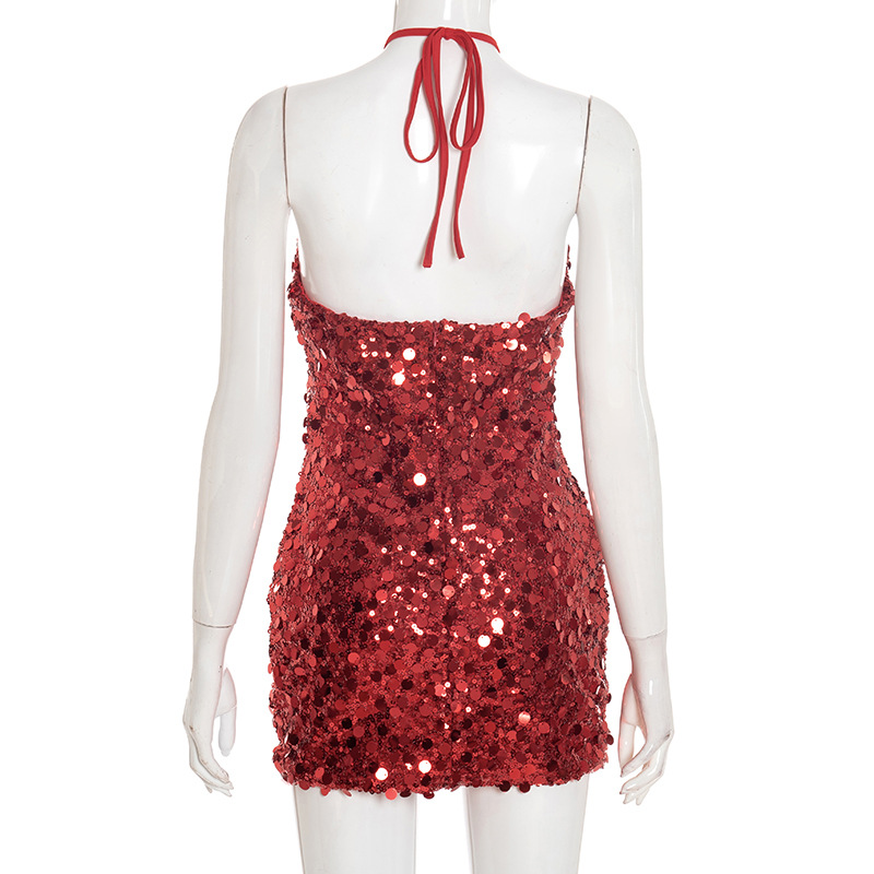Women Summer Sexy Sequin Halter Neck Backless Party Bodycon Dress
