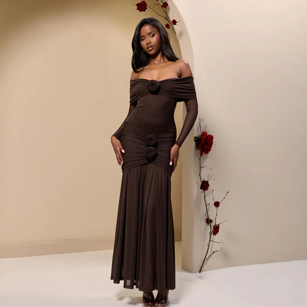 Women autumn/winter sexy floral off-shoulder pleated bodycon dress