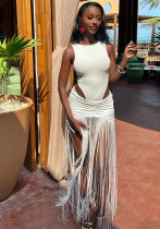 Women's Autumn Sleeveless Slim Fit Bodysuit Sexy Fringe Skirt Set